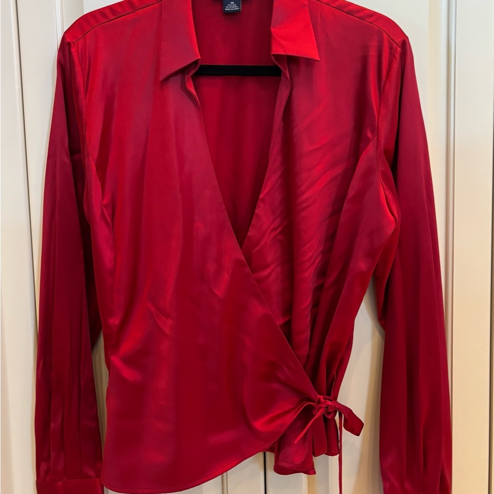 Vintage Ann Taylor Red Satin Wrap Blouse; Women’s Large